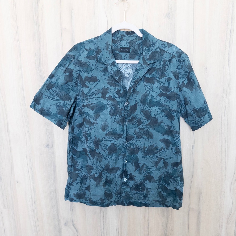 Ermenegildo Zegna Mens Button Up Short Sleeve Shirt L Green Floral Camp Collar